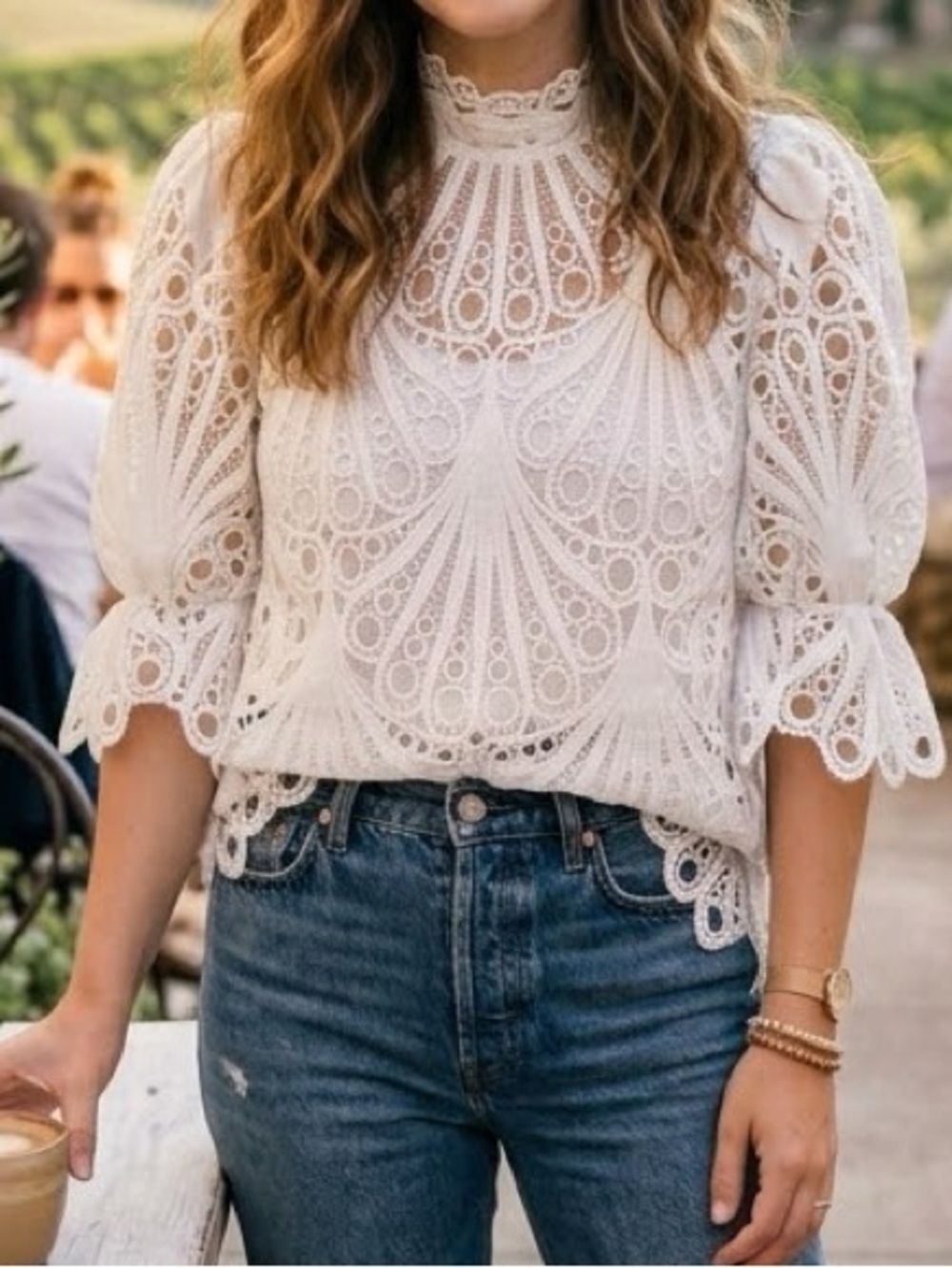 NWT Haute Monde White Lace Blouse Size M keyhole back